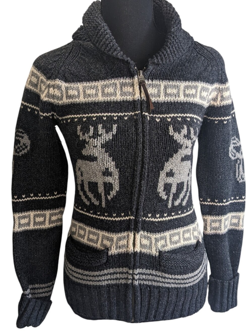TNA Black & Cream Lambswool Reindeer Zip-Up Hooded Cardigan Cowichan Size S